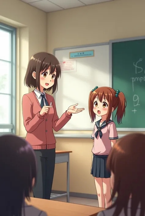  Generate an anime-style image of a Teacher ,  with an encouraging expression and light brown eyes ,  she observes a brown-haired  girl with 2 pigtails,   with a soft smile and asks her to give a demonstration . She is nervous ,  looking at the teacher and...