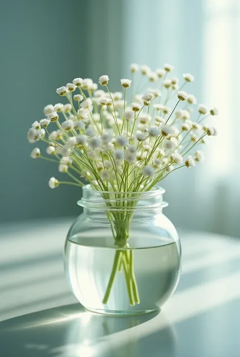 Macro close-up shot: A gentle bouquet of delicate babys breath (kasumi grass) blooms encased in a capped glass jar, each tiny white flower suspended in a clear, preserving liquid. Soft, diffused lighting softly illuminates the flowers, creating a dreamy, a...