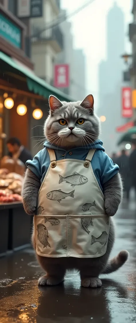 a British shorthair cat with a mustache wearing a fishmongers outfit, selling fish in a busy city, rain