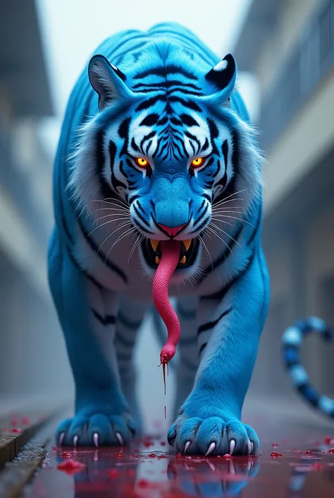 Blue Tiger angry at school games, With the dead pink snake in the mouth of the sacred tiger quite bleeding