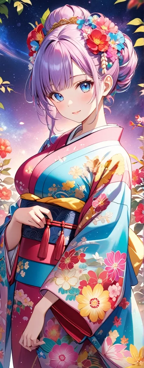 anime,1 girl,Beautifully detailed , light blissful face, kawaii(Hair up style), galaxy background, (blue eyes) (looking at the viewer) (big breasts) (anime"A person wearing a traditional kimono with intricate floral patterns, surrounded by vibrant flowers ...