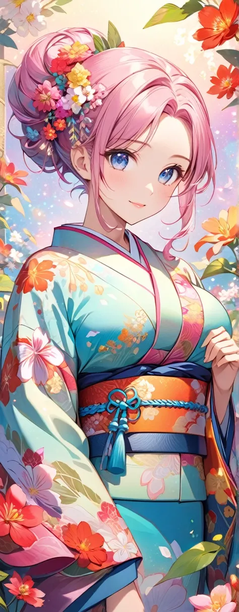 anime,1 girl,Beautifully detailed , light blissful face, kawaii(Hair up style), galaxy background, (blue eyes) (looking at the viewer) (big breasts) (anime"A person wearing a traditional kimono with intricate floral patterns, surrounded by vibrant flowers ...