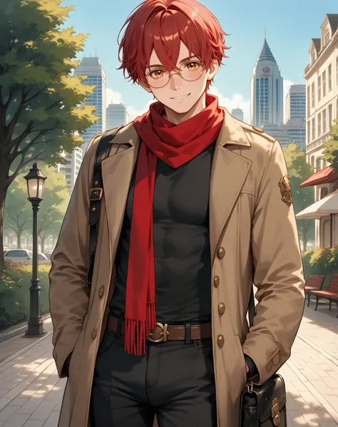 core_9,score_8_up,score_7_up,),score_9,score_8_up,score_7_up, {{anime, cowboy shot, source_anime, outdoors, city, park, colorful, vibrant, looking at viewer, solo, standing}} male, handsome, cute, crimson hair, short hair, crossed bangs, round eyewear, bla...