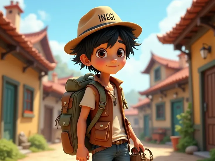 Animated boy with black hair, with vest besh  ,  Travelers backpack  ,  with a tent in her hand and a hat with the letters  "INEGI  "  on a large  ,  against the background of a small town  .