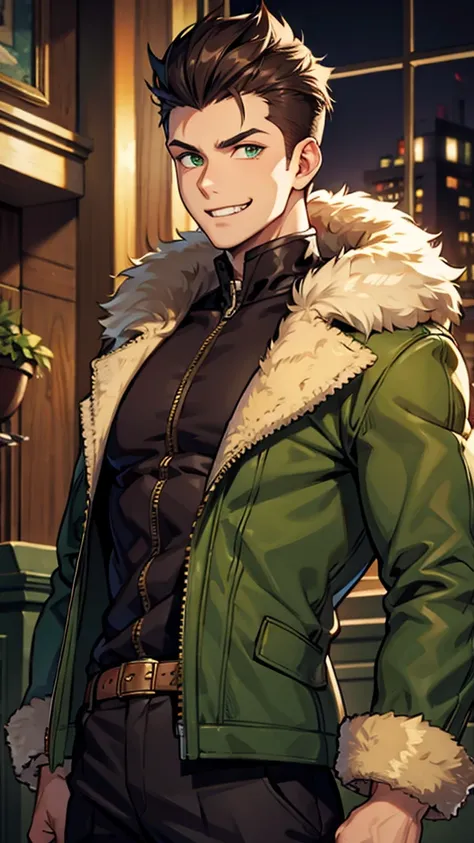 Adult male, muscular frame, human, olive tan skin, dark brown hair, medium length hair, spiky pompadour hairstyle, green eyes, sharp teeth, smiling, whole body, wearing fluffy jacket, black jacket, rolled sleeves.