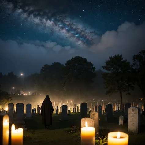 8k,  best quality , masterpiece, Ultra-High-Resolution, (Realism: 1.4), Original image, Exactly,  super detailed,   The Grim Reaper in the background ,  a large cemetery with lots of graves, It is night and fog ,  above you can see stars in the sky ,  a sm...