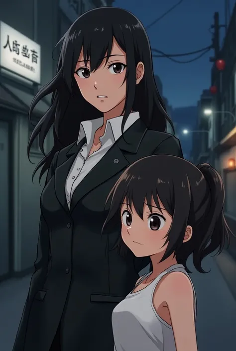 Draw Ran Haitani from the anime Tokyo Revengers and next to her a short girl with warm white skin with wavy black hair with big dark brown eyes.