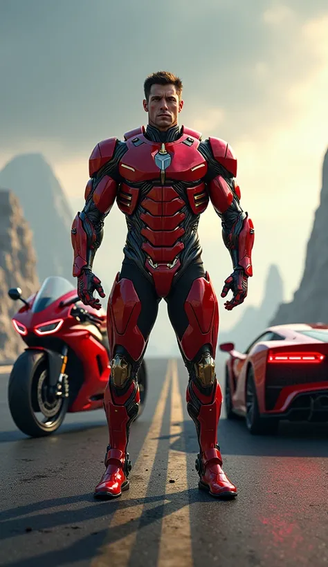 A muscular man in a red and gold robotic suit, a high-tech motorcycle, and a futuristic car all in one frame, (best quality,4k,8k,highres,masterpiece:1.2),ultra-detailed,(realistic,photorealistic,photo-realistic:1.37),intricate technology, complex machiner...