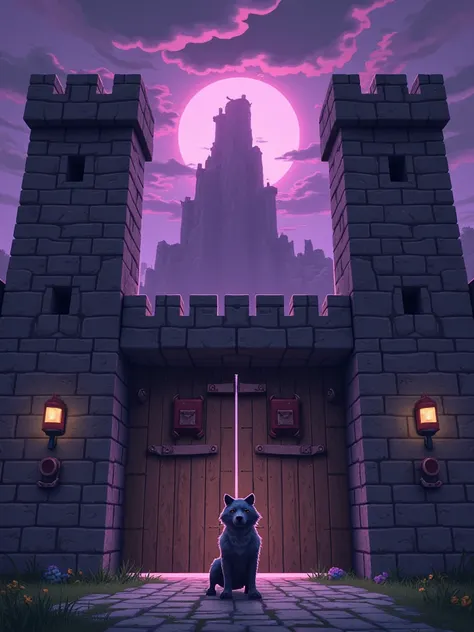 IMG_2384.CR2: Full Minecraft style, pixel art, 4-bit color palette, eerie fortress resembling a colossal castle_wolf standing against a brooding, purple sky. The fortress is crafted from rugged, blocky stone, with large stone fangs framing a weathered wood...