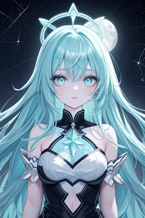 anime webtoon 2d art, full body portrait, neon green-blue hair with gradient, thin girl with pale skin covered with sequins and a scattering of constellations, A white iridescent magical sublime halo nimbus, blind eyes with black whites of the eyes and a p...