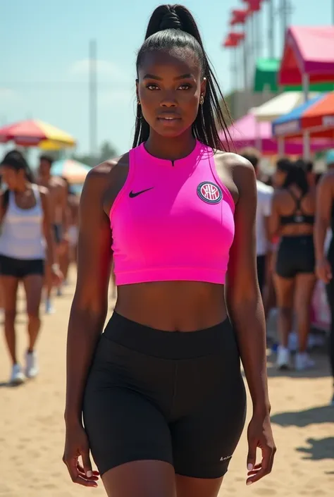  a curvy black woman , beautiful detailed eyes, Beautifully detailed lips,  beautiful body shape ,  slim waist and big sexy ass   ,  toned abs , , who wears a tight ,  Inter Miami neon pink short soccer jersey ,  Combined with black high-waisted cycling sh...