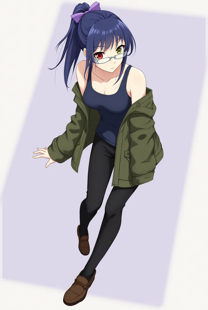  Dark blue ponytail with purple bow 、   Different Color Eyes   （Left red、Right olive green） 、wear glasses （silver frame）、full body prosthesis、 Dark Blue Tank-Top、  black trousers 、Army green jacket、Brown leather shoes、  Anime Style、  High Resolution  