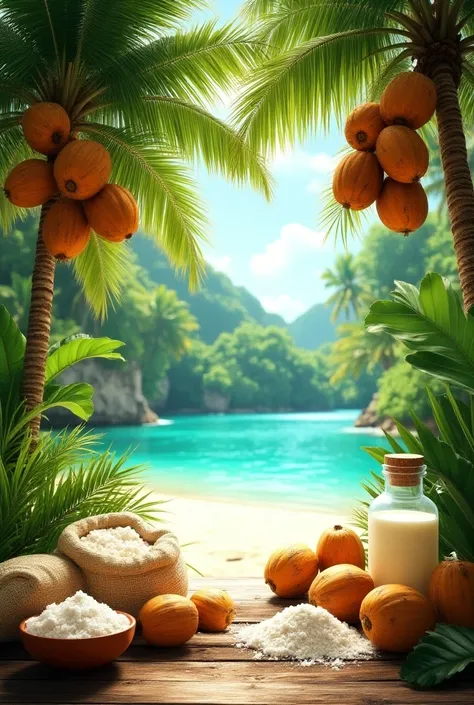  tropical image of coconuts and their by-products ,coconut milk, coconut oil and coconut flour 