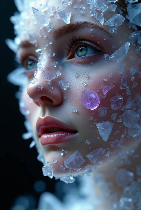 Crystalline Visage Portrait"
Subject:

Close-up portrait of a face, gender female 
Entire face composed of multifaceted crystal fragments
Strong, defined facial features still recognizable through the crystalline structure

Crystal Composition:

Face made ...