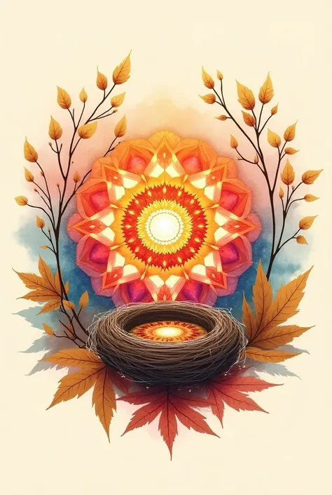   Design an incredibly beautiful watercolor mandala logo on a beige background,  radiating joy ,   but soothing  ,   combining bright  , harmonious neon colors  . The logo consists of a beautiful mandala , against the backdrop of an autumn landscape, a lar...