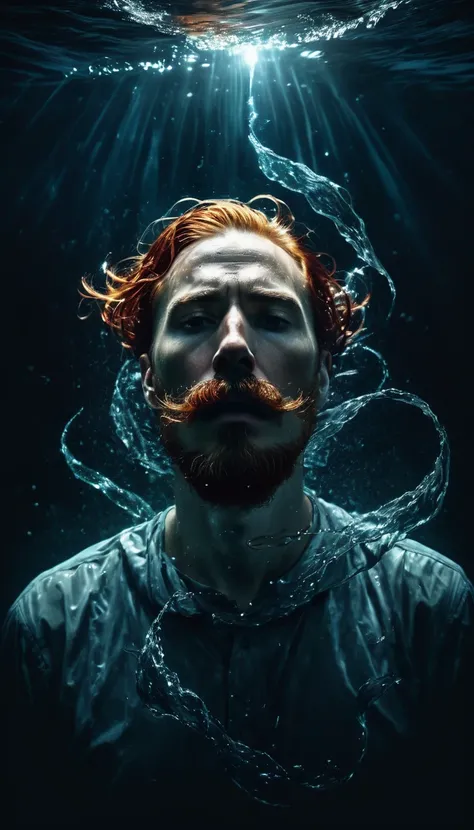 A surreal illustration of a sailor with long mustache, submerged in a dark, turbulent ocean, his body glowing fragments that resemble shattered glass with delicate, swirling tendrils of light escaping from the cracks, while his face, contorted in anguish, ...