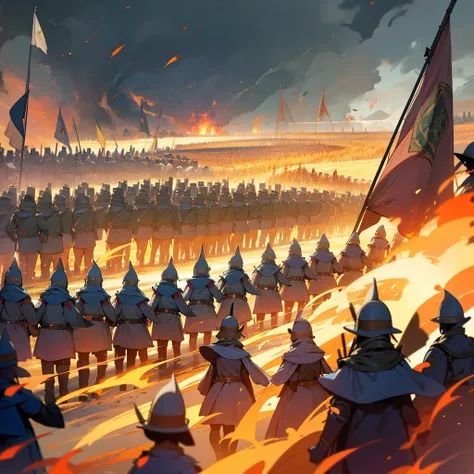 An army of heavily armed elves is marching in formation across the burning field with 、 flags raised.