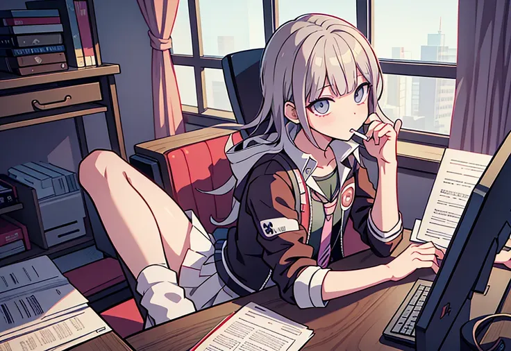 anime boy sitting at a desk smoking a cigarette, digital art from danganronpa, top rated on pixiv, high quality fanart, highschool background, popular on pixiv, at pixiv, pixiv, trending on pixiv, danganronpa, in an anime style, pixiv 3dcg, chiaki mi from ...