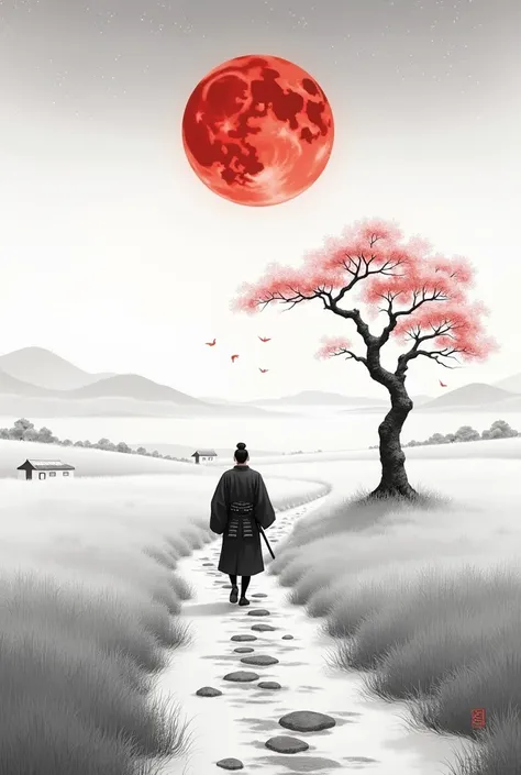  Japanese-style black and white , Samurai in the distance  (man,  adult )  walking along a path through a field ,  a lonely pink cherry tree nearby,  Red moon in the sky ,  The picture above shows a Japanese character . "quiet".  Everything is harmonious a...