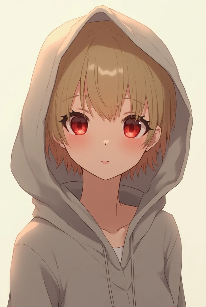 A petite and slim 22 years old girl, with blonde-short hair, crimson eyes. Her skin is smooth and unblemished. wearing hoodie.(anime)