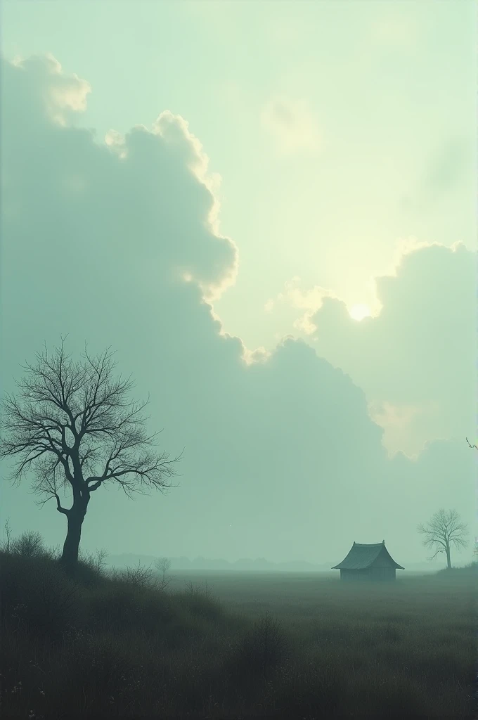 The cover of the film is a cloudy place, a few sun, one tree with few leaves, a professional corner, and there is a small hut very far away 