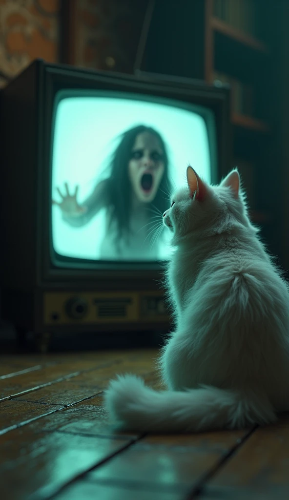 In cinematic 3D style ,HD image, realistic image.
Character,A fluffy white cat with exaggeratedly wide eyes and a shocked expression sits on a wooden floor, staring at a vintage television. Inside the TV, a ghostly figure with long, dark hair and an eerie,...