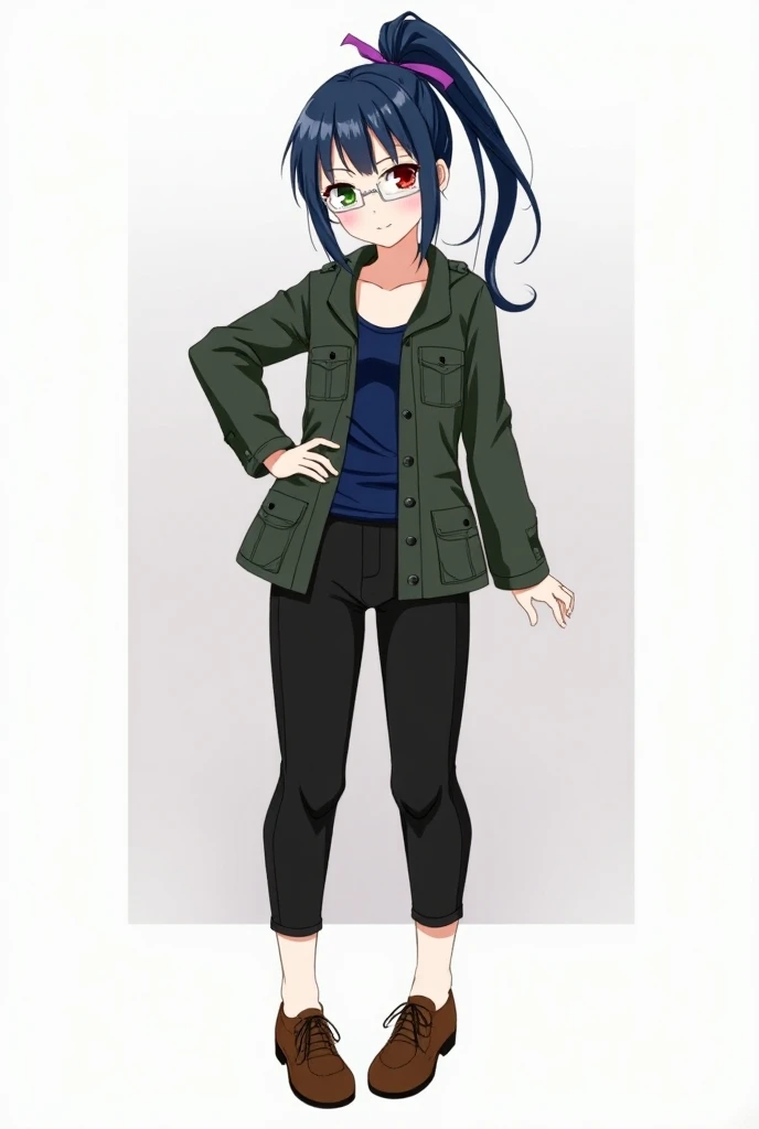  Dark blue ponytail with purple bow 、   Different Color Eyes   （Left red、Right olive green） 、wear glasses （silver frame）、full body prosthesis、 Dark Blue Tank-Top、  black trousers 、Army green jacket、Brown leather shoes、  Anime Style、  High Resolution  