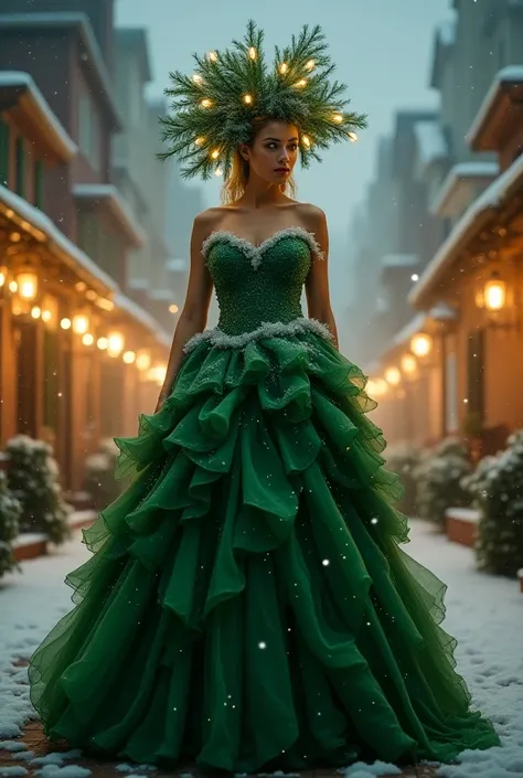 A woman disguised as a Christmas tree 