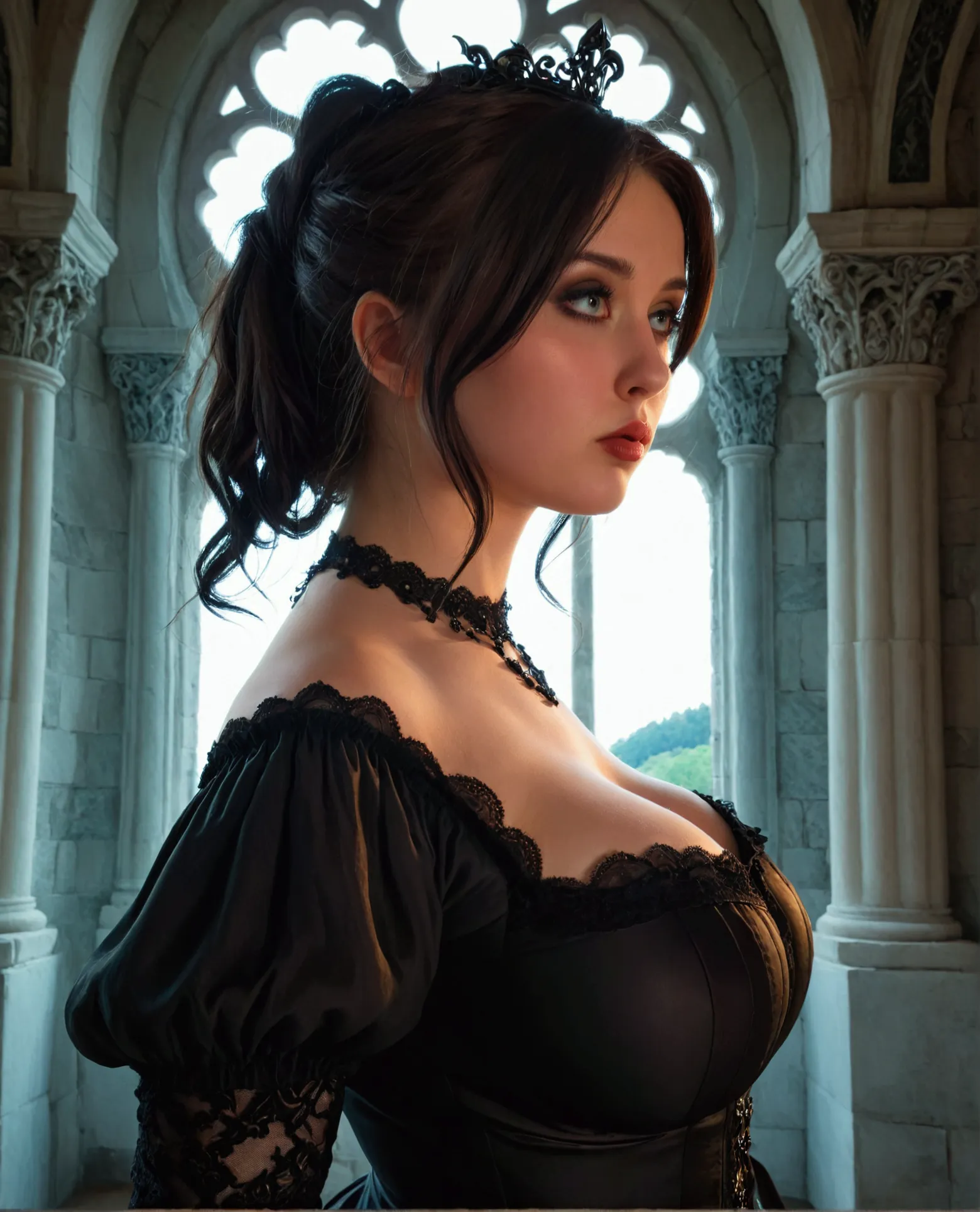 a gothic chubby woman in a black dress in a medieval castle, extremely detailed, oil painting, 8k, cinematic lighting, dramatic ...