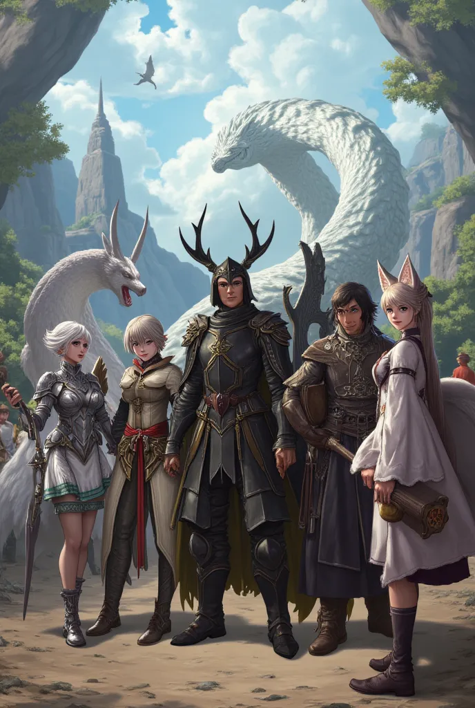 5 members a fantasy adventure group consisting of :  the first one is a white-skinned, white-skinned woman with short white hair...