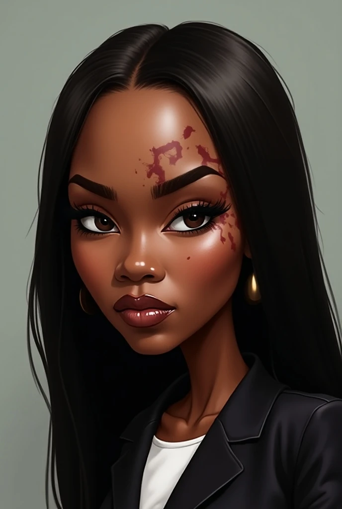 Gostaria de criar a caricatura, a  ( woman)negra com a cicatriz sem sangue somente a cicatriz( She is half round )  on the right side of the forehead , Exaggerate the features ,  big mouth black eyes , and straight hair 