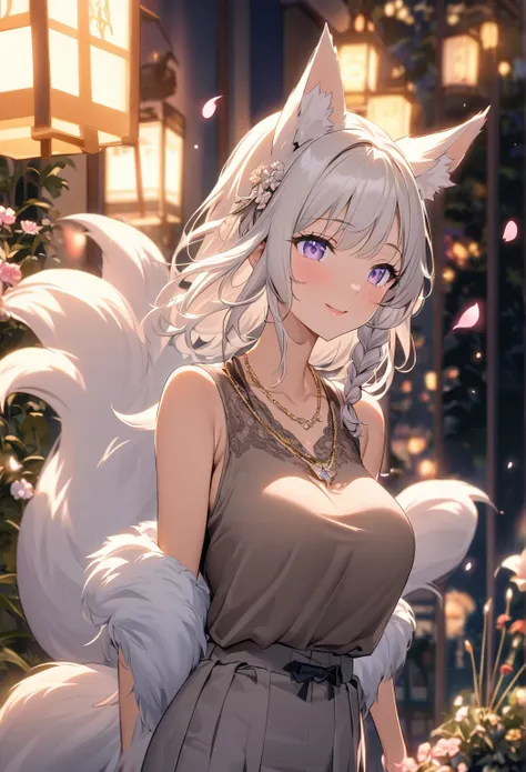 ((Portrait)) ((POV: Close Camera)) ((Flower pattern ornament)) ((Motherly expression)) ((Alone)) Create an anime-style image of Aiko, an elegant fox girl with a graceful aura. She has long, white hair styled in a side braid, soft, fluffy fox ears, and ligh...