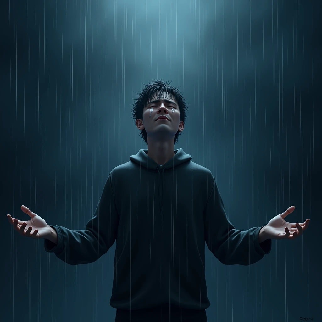  man shedding tears looking up at the sky in the rain　solo,  high resolution on down,  3d rendering , anime, A man who catches the rain with open arms 　