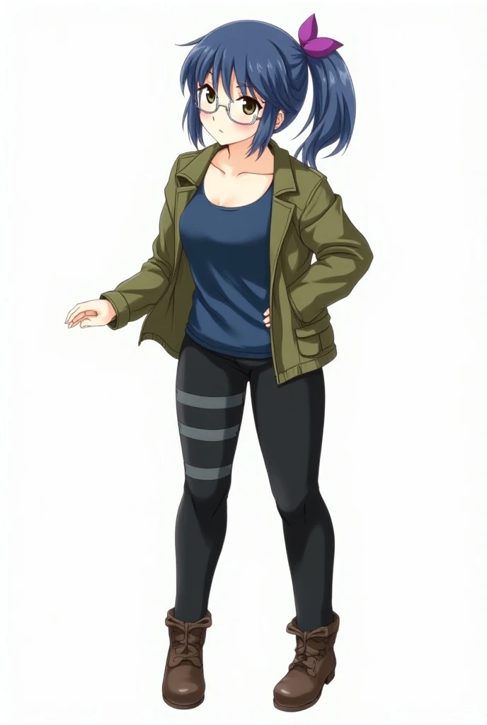  Dark blue ponytail with purple bow 、   Different Color Eyes   （Left red、Right olive green） 、wear glasses （silver frame）、full body prosthesis、 Dark Blue Tank-Top、  black trousers 、Army green jacket、Brown leather shoes、  Anime Style、  High Resolution  