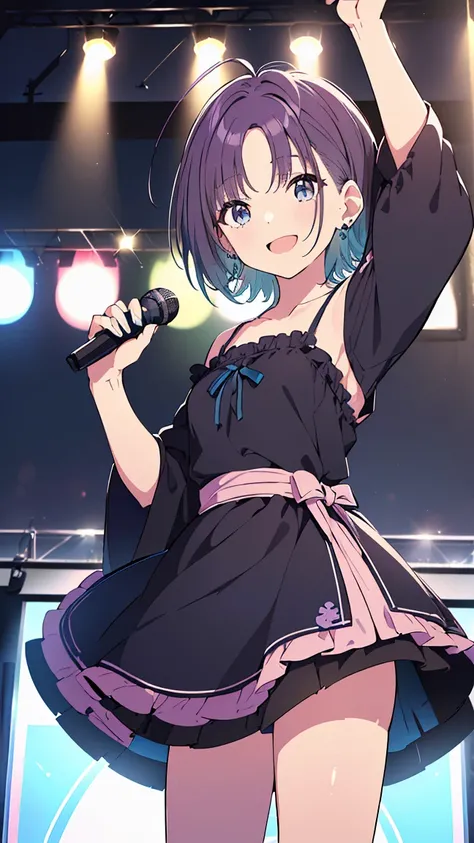 masterpiece, Best Quality,  high resolution on down,  very detailed,(((Toru Asakura))), ((( blue hair ))), ((( earrings for a woman alone))), ((( gradient hair))), ((( multicolor hair))), ((( split bangs))), ((( purple hair))), (((Black nightgown))), ((( M...