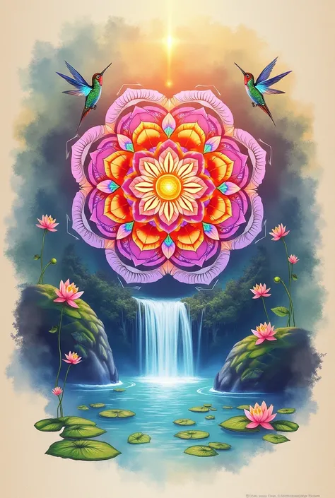   Design an incredibly beautiful watercolor mandala logo on a beige background,  radiating joy ,   but soothing  ,   combining bright  , harmonious neon colors  . The logo consists of a beautiful mandala , against the backdrop of a waterfall, Hummingbirds,...