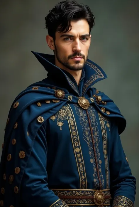 Make a 40-year-old adult male elf ,  similar to Stephen Strange with an athletic build , with short, dark hair, with a neutral and indifferent look , dark blue and gold medieval clothes with uncaped cosmic features and hes conjuring up several magic runes