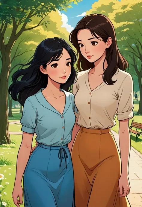 An idyllic comic style image of Two beautiful young women very much in love in a super tender attitude between them, with their foreheads resting, an Asian girl with long black hair, brown eyes and a British girl with semi-long light brown hair, brown eyes...