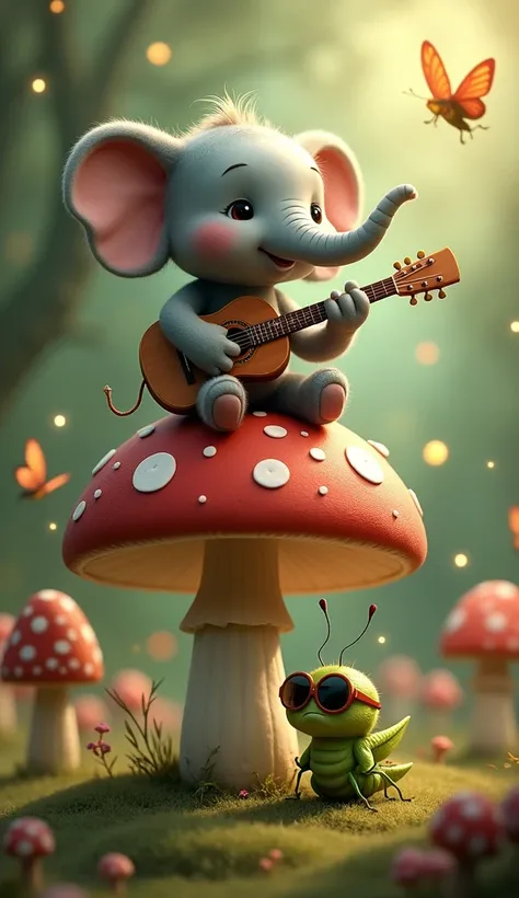  An anthropomorphized elephant ,  with humorous features ,  sitting on top of a large red mushroom , of the type amanita muscaria ,  characterized by white spots on the top .  The grasshopper is playing a guitar that seems very well detailed ,  with string...