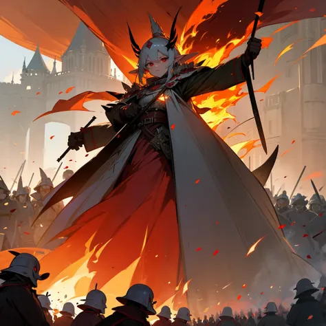 An army of heavily armed elves is marching in formation across the burning field with 、 flags raised、Red eyes、evil、Horror、inflammation、fire、Attack the castle