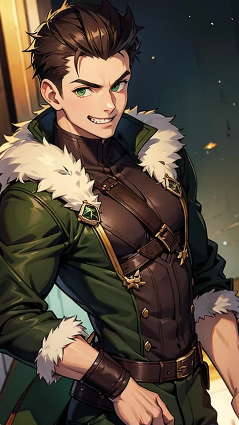 Adult male, muscular frame, human, olive tan skin, dark brown hair, medium length hair, spiky pompadour hairstyle, green eyes, sharp teeth, smiling, whole body, wearing fluffy jacket, black jacket, rolled sleeves, posing.