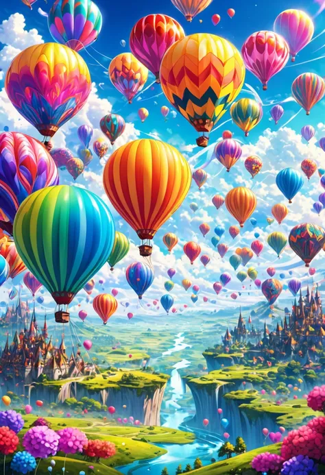 Landscape with countless psychedelic balloons floating in the sky, fantasy, fantastic, bright, future, best image quality.