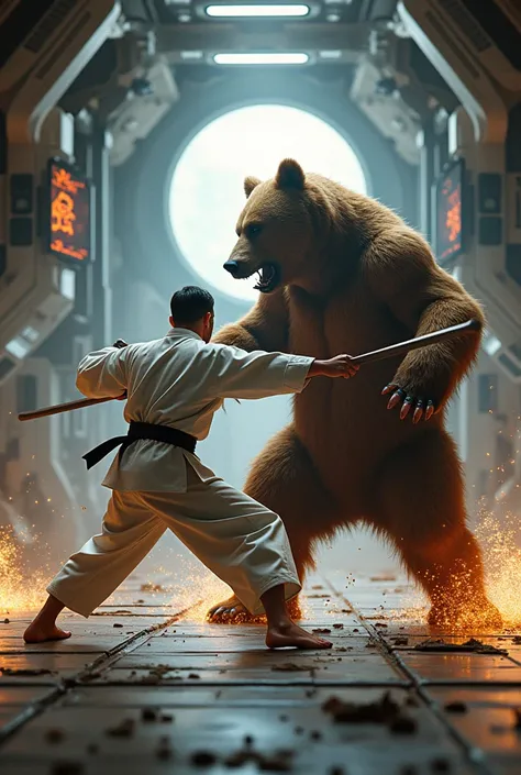 A karate master fighting with bear in spaceship 