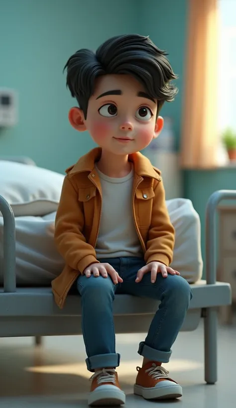 Close -up a boy sitting in the hospital 3d animation, wear attractive clothes, good figure,