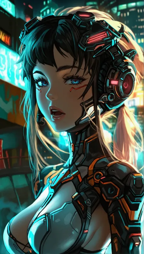 1girl, Solo, Long Hair, huge Breasts, Open Mouth, Looking at viewer, cruvy body, Cyberpunk style, Anime Style, 8K Octane, 