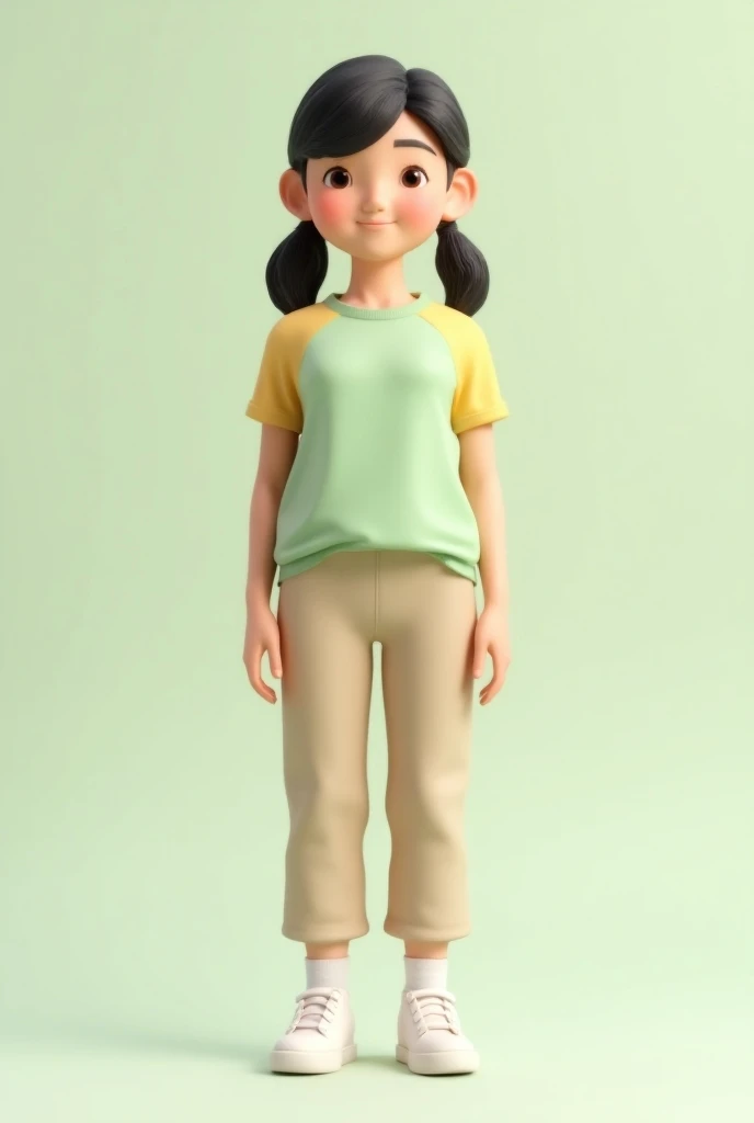 school uniform for first cycle with beige pants, and soft pastel green and yellow sports shirt for and girl 3D