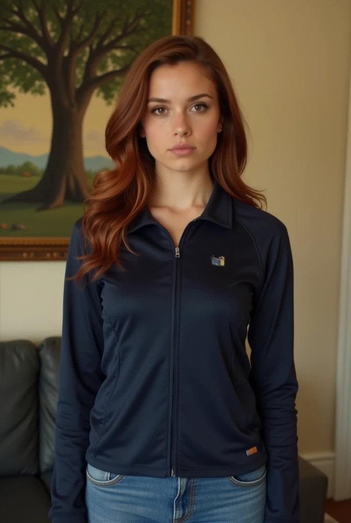 A young woman with reddish brown hair and dark eyes, wearing a navy blue sports top and blue jeans, standing in front of a wall with a painting of a tree. She is looking at the camera with a serious expression.  The light is soft and warm. The image should...