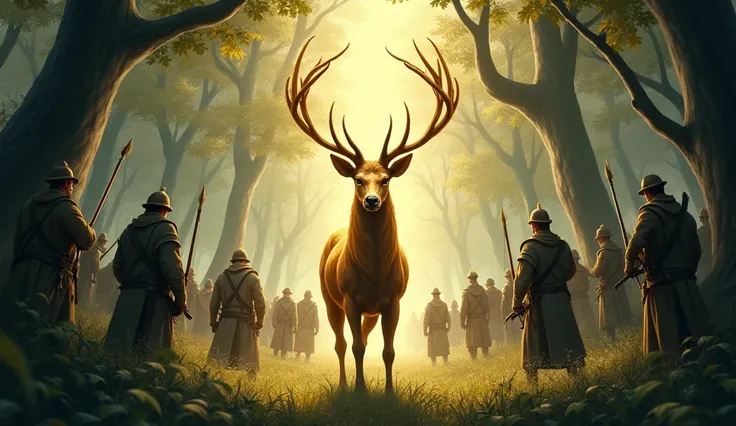 The king and his soldiers surrounded Ruru’s home, aiming to capture him.”**
    - **Prompt**: A group of armed soldiers in a dense forest, surrounding a golden deer that stands calmly amidst the trees. The soldiers look prepared with bows drawn, ready to c...