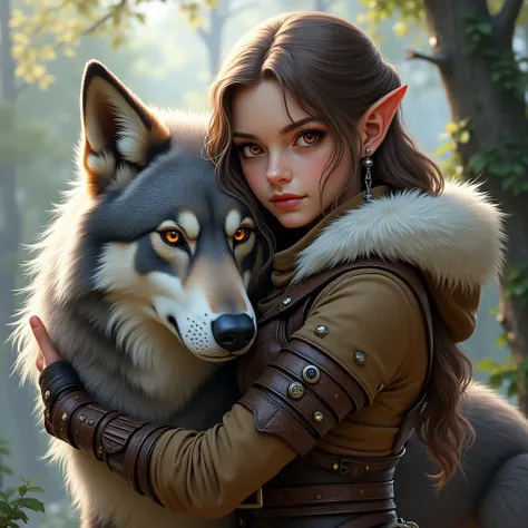 Half elf girl with light brown hair and hazel eyes. Her clothes looks Vexs from Vox Machina. She has a grey direwolf. She is Vax and Vex younger sister.