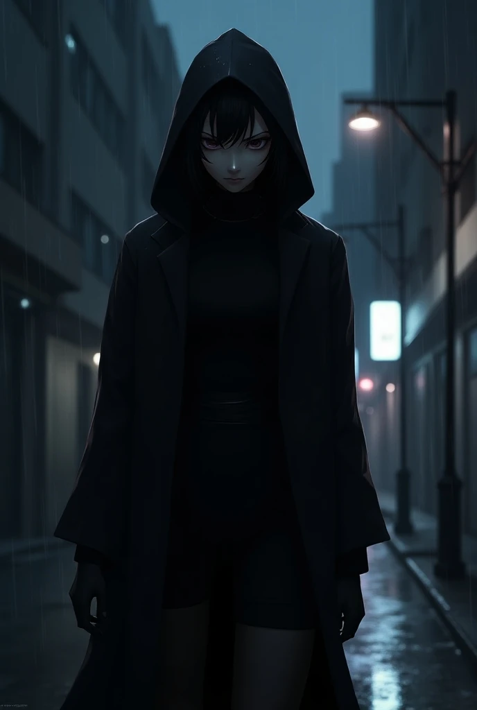  create an anime character, In black clothes on the street at night. 